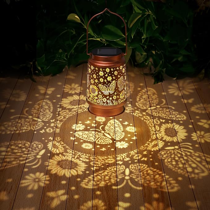 Butterfly Solar Lanterns Outdoor Waterproof Sunflower Garden Decor Birthday Gifts for Women Mom Grandma Hanging Solar Lights Metal Lantern Decoration Outside for Porch,Patio,Yard,Backyard
