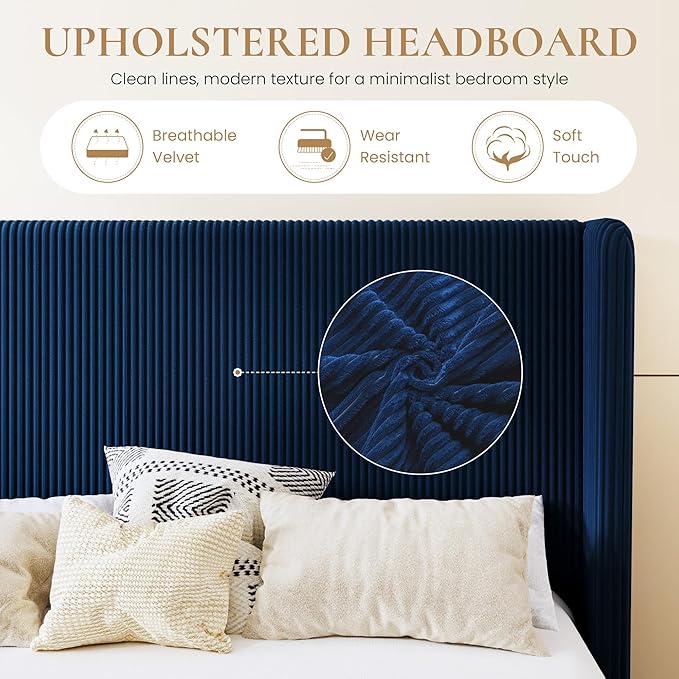 SHA CERLIN Full Size Corduroy Upholstered Platform Bed Frame with Vertical Channel Tufted Wingback Headboard, 8" Under Bed Storage, Wooden Slats & Metal Frame Support, Easy Assembly, Dark Blue