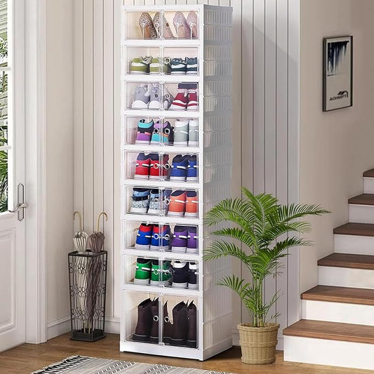 Shoe Box Foldable Storage Box Easy Assembly Collapsible Shoes Rack Clear Shoe Storage Cabinet Shoe Organizer Shoe Container Box with Lids Large Size Shoe Rack (9 layers clear door)