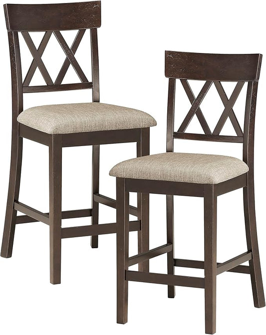Lexicon Baronscourt Counter Stools Set of 2 - Upholstered Stool Padded Seat Height 25.5", Cross Back Counter Height Kitchen Chairs, Sturdy Solid Wood Frame, Footrest, Easy Assembly, Dark Brown