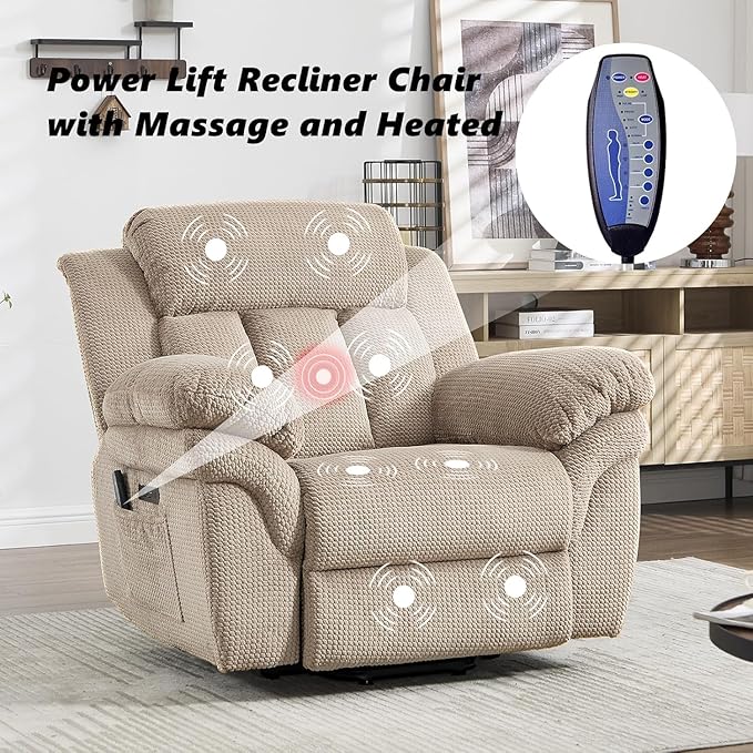CANMOV Recliner Sofa Set, 2 Oversize Power Lift Recliner Chair and Manual Loveseat with Overstuffed Armrest for Living Room,Bedroom Furniture,Office,1+1+3 Seat, Light Brown