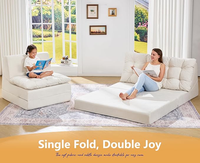 Hobestluk Sofa Couch Folding Sofa Bed Comfy Floor Lounger Convertible Sofa with Removable Cushion Couches for Small Spaces Foldable Mattress for Living Room Bedroom or Office (Chenille Beige, Large)