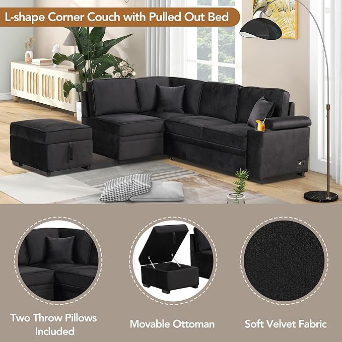 ERYE 84-Inch Left Facing Corner Sleeper Sectional Sofa with Pull Out Sleeper Couch Bed and Storage Ottoman,L-Shaped Corner Convertible Sofa Bed W/Cupholder & Padded Armrests | USB Charging Ports, 3-pin Plug Socket