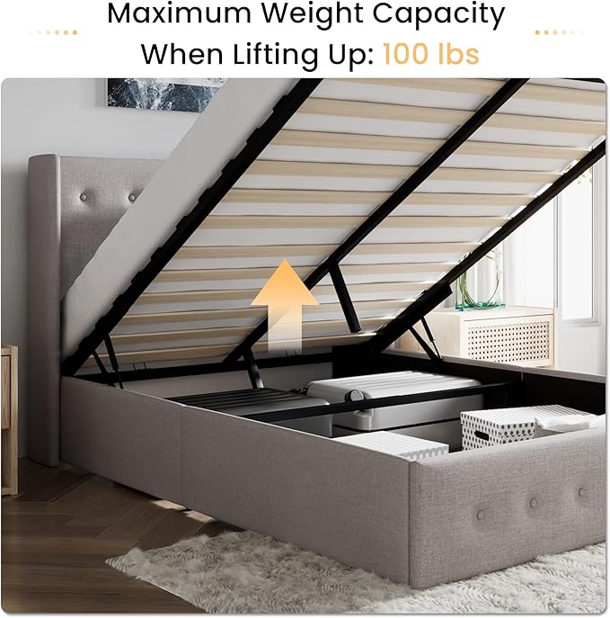 SHA CERLIN Full Size Lift Up Storage Bed Frame,Button Tufted Wingback Headboard,Upholstered Platform,Hydraulic Storage,Wooden Slat Support,No Box Spring,Light Beige
