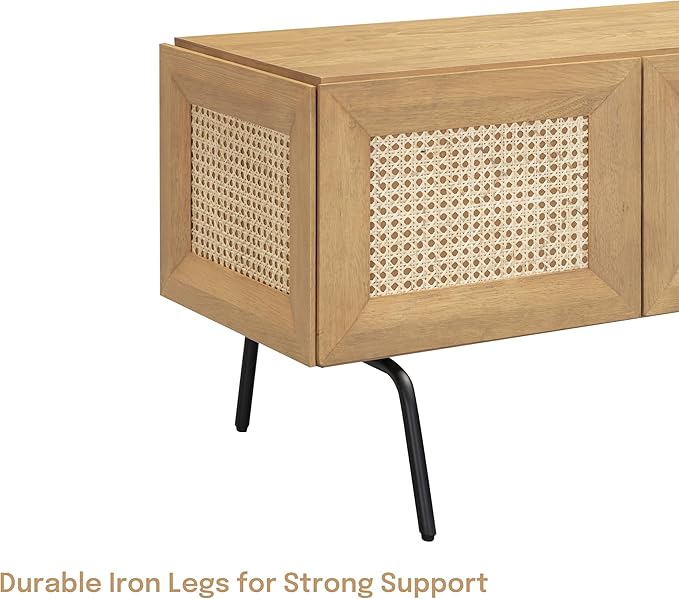 NTC Mossic TV Media Cabinet with 4 Doors for TVs, Entertainment Center with Natural Rattan, Metal Legs, Modern Storage Console for Living Room and Bedroom, Effortless Assembly, Sand