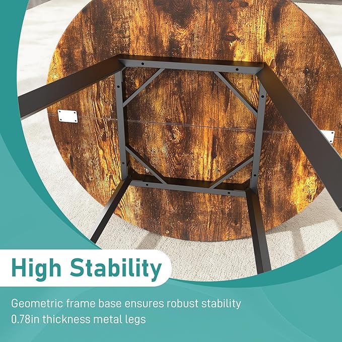 Karl home 35.4in Small Dining Table, Round Dining Table with Wood Finish Steel Legs, Circle Dinner Tables for Small Space, Apartment, Office, Kitchen, for 2 to 4 Person-Rustic Brown