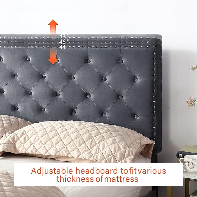 Full Upholstered Platform Bed Frame with 48" Tall Adjustable Headboard - Button Tufted Suede Velour Bed- Wood Slat Support with Storage Space - No Box Spring Needed - Grey - OLIVER & SMITH - Princeton