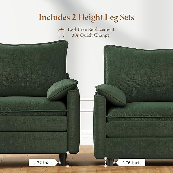 Vesgantti 74" Loveseat Sofa for Living Room, Comfy Cloud Couch Deep Seat Chenille Modern 2 Seater Small Sofa with Armrest Pillow, Easy Assembly for Small Spaces, Green | Sink-in Comfort, Height Adjustable, Easy Rearrangement, Extra-deep Ottoman, Solid ...