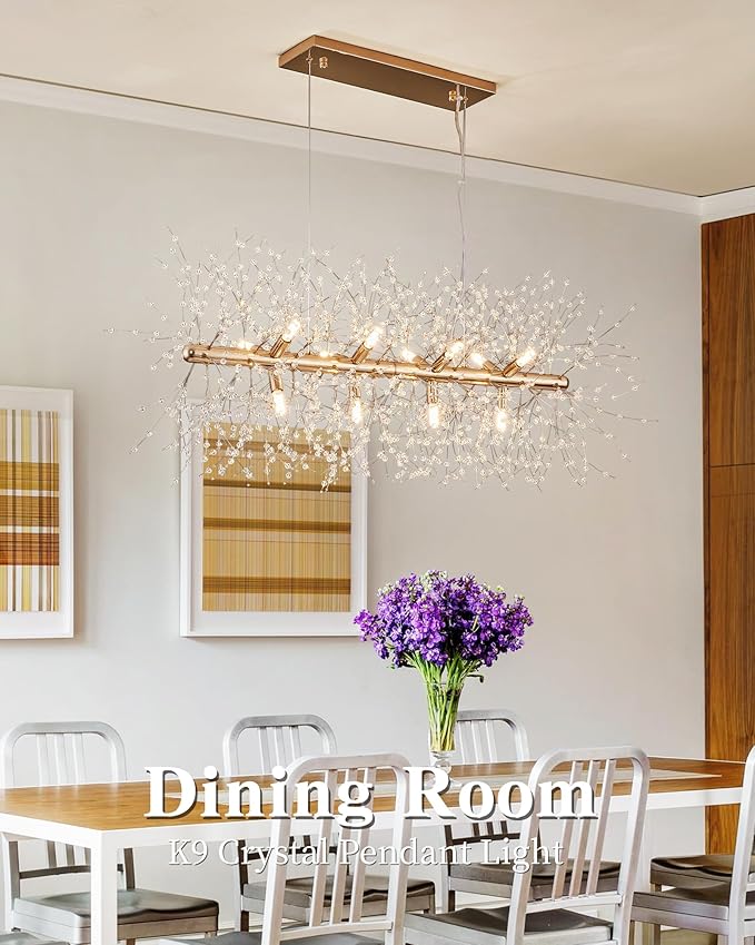Modern 35.4" Modern Gold Crystal Firework Chandelier, 12-Light Pendant Light Fixture, Rectangle Linear Sputnik Dandelion Chandeliers for Dining Room Kitchen Living Room