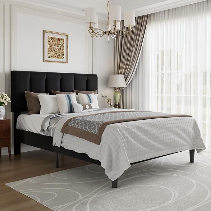 VECELO Queen Bed Frame with Upholstered Headboard, Heavy-Duty Platform Bedframe with Strong Wooden Slats Support, No Boxing Spring Needed, Velvet & Black