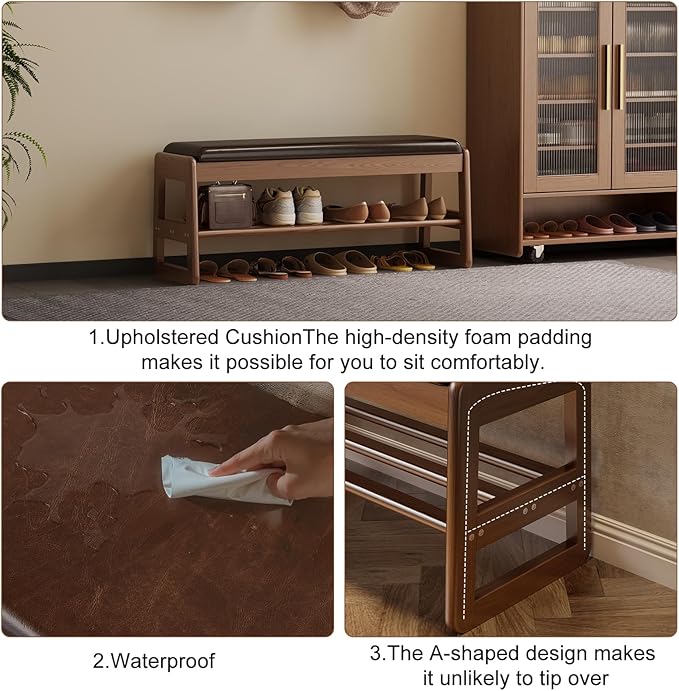 AQIMUELE Small Shoe Rack Bench,2 Tiers Shoe Bench with Storage with Flip-Top,Wood Shoe Rack for Entryway,Hallway（Dark Walnut Upholstered Seat）