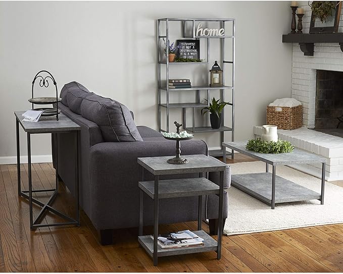 Household Essentials Jamestown Rectangular Side End Table with Storage Shelves Rustic Slate Concrete and Black Metal