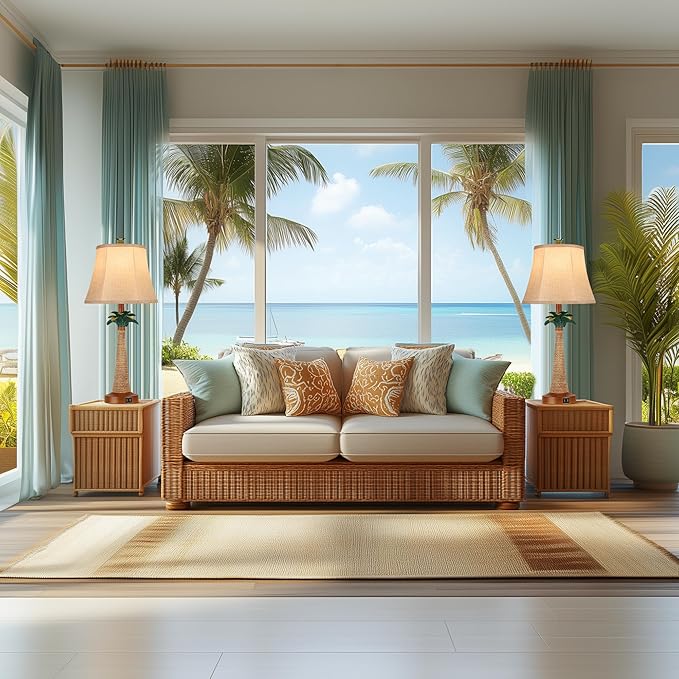 Hamucd Set of 2 Coastal Palm Tree Table Lamps with 2 USB Ports for Living Room Beach Nautical Bedside Lamps for Bedroom Tropical Nightstand Lamps for Home Decor