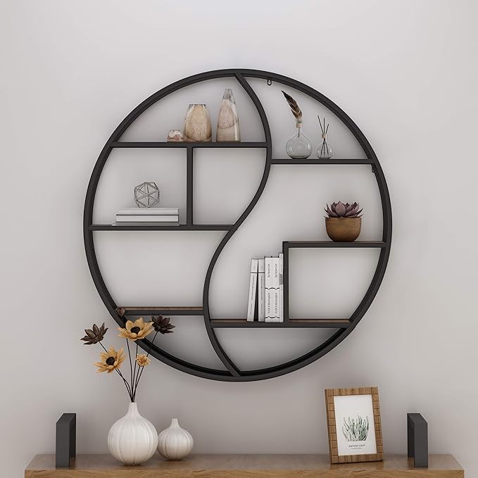 Christopher Knight Home Bobby Industrial Hanging Circular 8 shelves, Wall Shelf, Black Finish, Natural