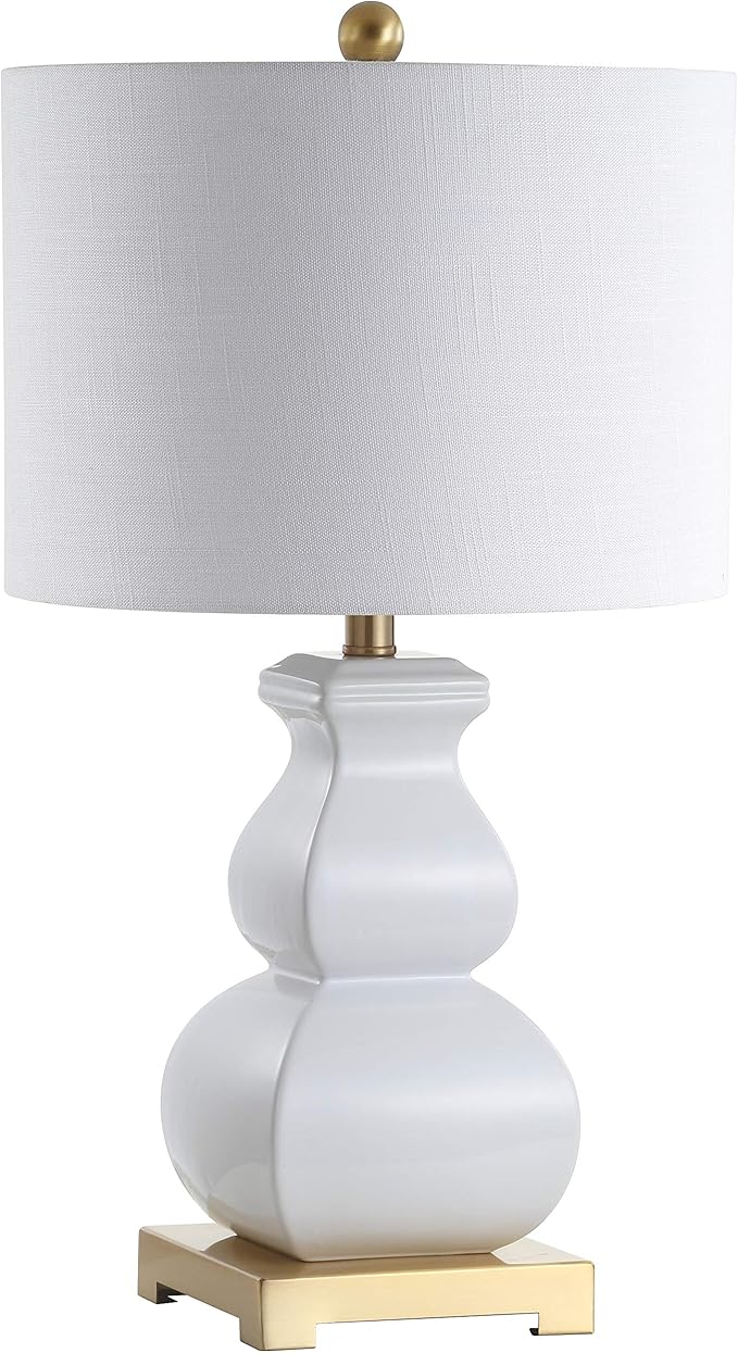 JONATHAN Y 25.5" White/Gold Ceramic Table Lamp for Living Room Bedroom, White Linen Shade, Modern Footed Vase Bedside Lamp, LED Bulb Included, UL Listed (JYL3049B)