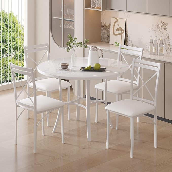 VECELO 36" Round Dining Table for 4, Faux Marble Dinette with Metal Frame for Kitchen, Apartment, Home, Space-Saving, Off White