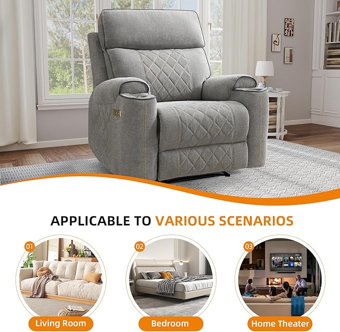 EBELLO Power Recliner Chair, Electric Fabric Reclining Sofa with Cup Holders, USB Charging Ports, for Living Room, Bedroom and Meeting Room, Light Grey