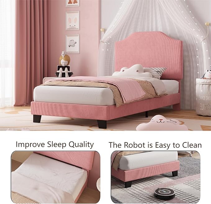 Twin Size Velvet Bed Frame, Corduroy Upholstered Twin Bed Frames Platform with Adjustable Headboard, Cute Velvet Twin Bed, Strong Wooden Slats, No Box Spring Needed, Noise Free, Easy Assembly, Pink