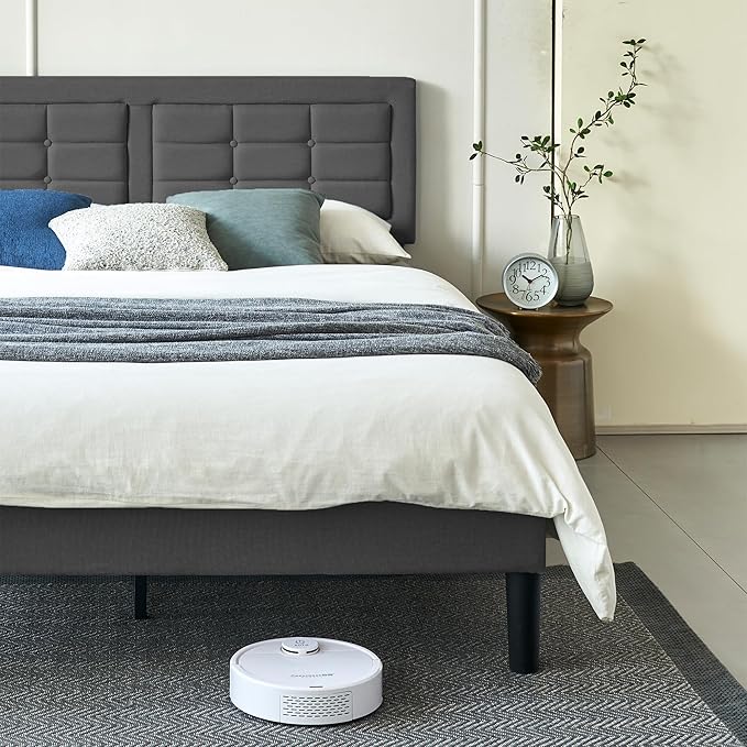 VECELO Queen Size Bed Frame with Adjustable Headboard, Upholstered Button Tufted Platform Bedframe with Wood Slats Support, No Box Spring Needed, Linen Fabric & Grey