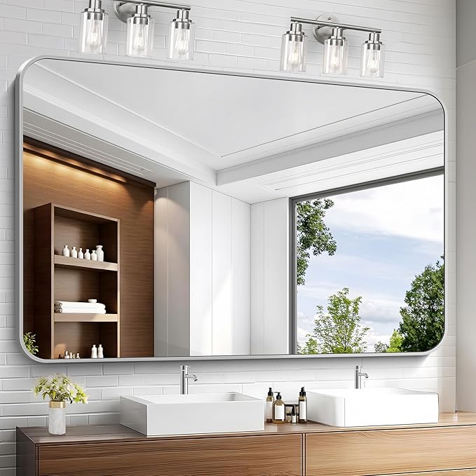KOCUUY Silver Bathroom Mirror, 60x40 Inch Large Bathroom Mirror for Over Sink, HD Tempered Glass, Anti-Rust Brushed Silver Frame, Rounded Corner Modern Design for Bathroom, Hang Horizontal/Vertical