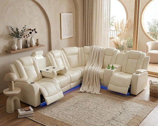 Power Recliner Sectional Sofa with LED, Breathing Leather Reclining Sectional Couch, L Shaped Couch with Dual Recliners, USB Port, Cup Holder&Storage for Living Room (Cream White Pro)