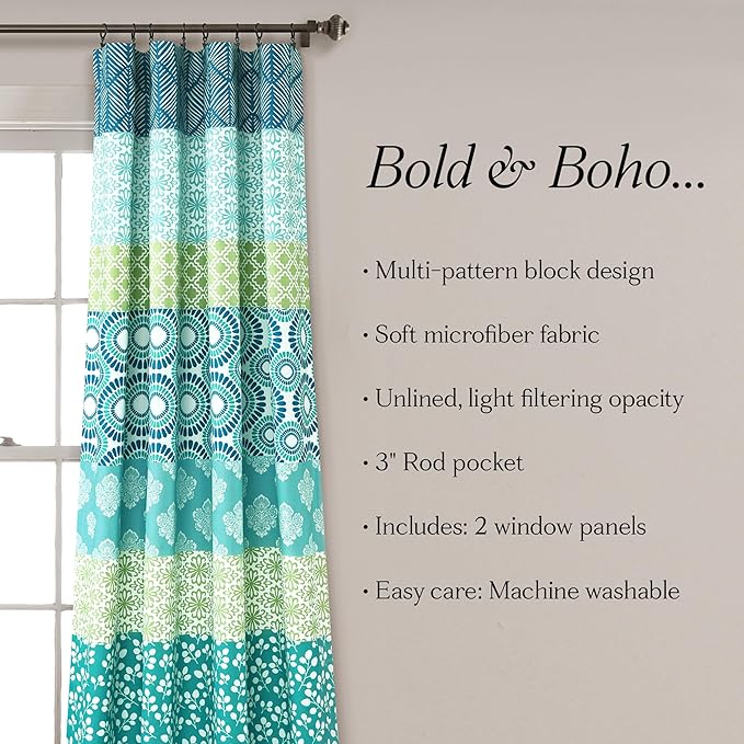 Lush Decor Bohemian Stripe Window Curtain Panels, Pair 52" W x 84" L Blue & Green - Light Filtering Curtains for Bedroom - Boho Curtains - Maximalist Decor