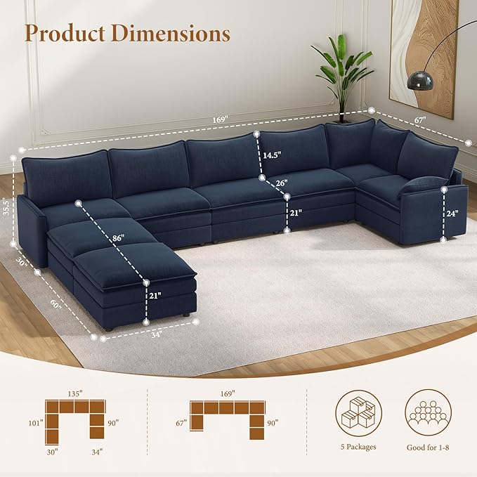 Vesgantti 169" Large Modular Sectional Sofa, Big Comfy Cloud Couch with Ottoman Deep Seat Corduroy Cloud Sofa, 9 Seater Oversized Sectional Couches for Living Room, Apartment, Office, Beige | Sink-in Comfort, Height Adjustable, Easy Rearrangement, Extr...