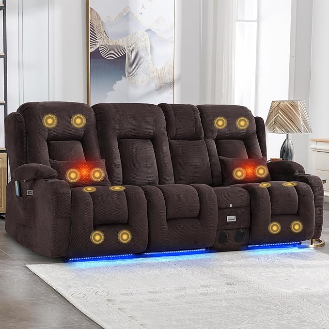 IPKIG Power Recliner Sofa with Flip-Up Backrest Console, USB & USB-C Ports, AC Outlet, LED Lights, Wall Hugger Recliners for Living Room, RV (Dark Brown, 89" - 4 Seat) | Velvet Fabric, Zero Gravity, Dual Reclining, 2 Lumabr Pillow, Bluetooth Speakers