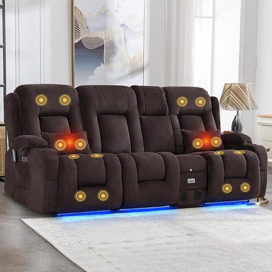 IPKIG Power Recliner Sofa with Flip-Up Backrest Console, USB & USB-C Ports, AC Outlet, LED Lights, Wall Hugger Recliners for Living Room, RV (Dark Brown, 89" - 4 Seat) | Velvet Fabric, Zero Gravity, Dual Reclining, 2 Lumabr Pillow, Bluetooth Speakers