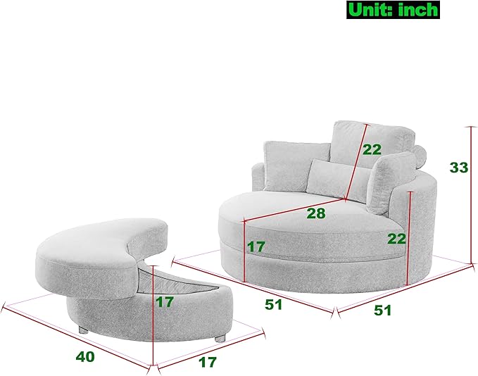 HomSof Swivel Accent Barrel Modern Sofa Lounge Club Big Round Chair with Storage Ottoman Linen Fabric for Living Room Hotel with Pillows，White