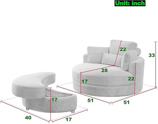 HomSof Swivel Accent Barrel Modern Sofa Lounge Club Big Round Chair with Storage Ottoman Linen Fabric for Living Room Hotel with Pillows，White