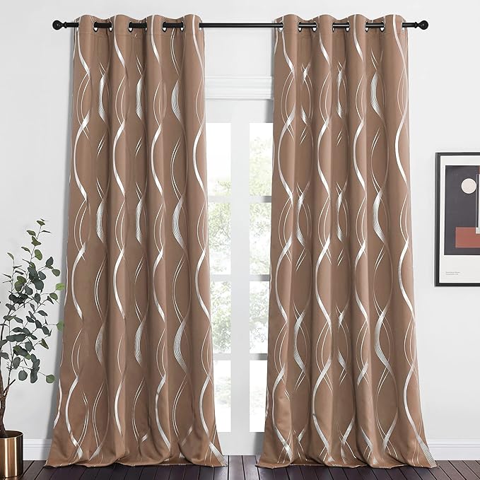 NICETOWN Blackout Curtains for Bedroom, Foil Printed Wave Lines Energy Saving Thermal Insulated Solid Grommet Blackout Draperies for Patio Hall Studio (Cappuccino, 1 Pair, 52 inches by 95 inches)