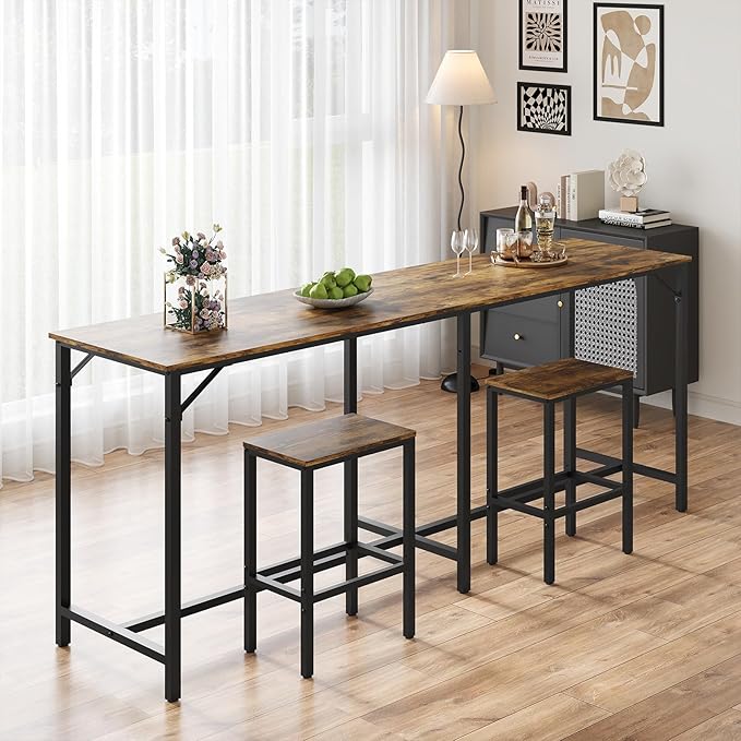 70.9" Bar Table and Chairs Set, Dining Table and Chair Sets, 3 Piece Counter Height Table and 2 Stools, Kithcen Table for Home Restaurant, Bar, Rustic Brown BT09BR