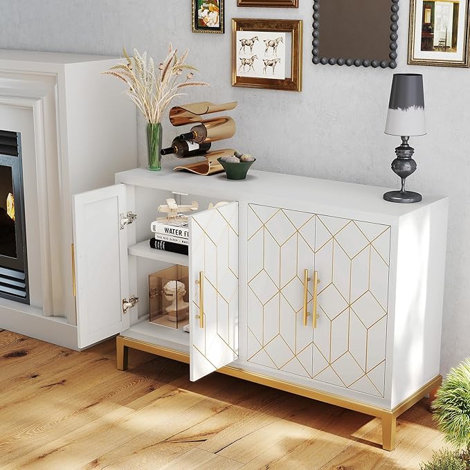 47.8" Accent Storage Cabinet with 4 Doors, Modern Sideboard Buffet Cabinet with Gold Lines, Wood Decorative Credenza with Storage for Living Room, Kitchen, Dining Room, Entryway, White