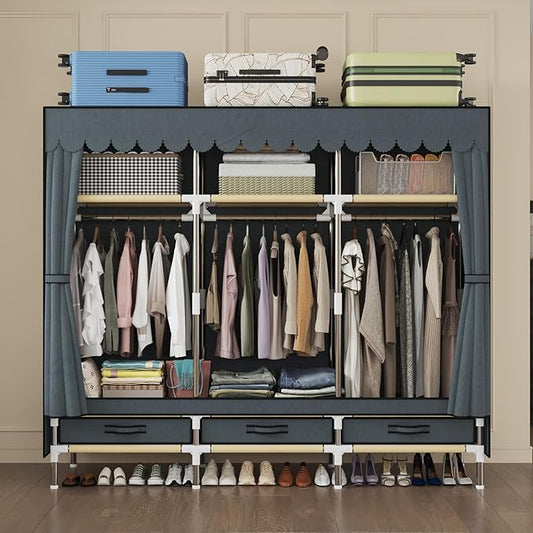 Portable Wardrobe, Freestanding Closet Hanging Organization, Metal Frame with Grey Fabric Cover, 3 Storage Compartments, 3 Hanging Rods, 3 Drawers.