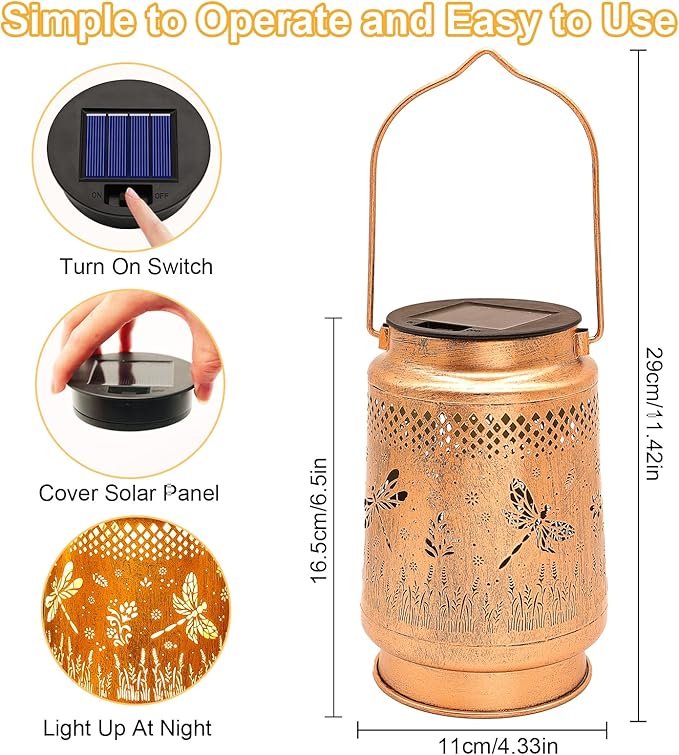 2 Pack Solar Lanterns Outdoor Waterproof Dragonfly Garden Decor, Gifts for Women Mom Grandma Birthday, Hanging Solar Lights Metal LED Decoration with Shepherd Hook Outside for Yard Patio Lawn Porch