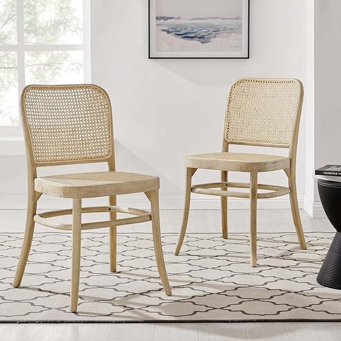 Modway Winona Elm Wood Cane Rattan Seat, Dining Side Chair - Set of 2, Gray