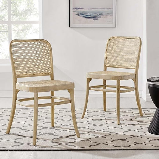 Modway Winona Elm Wood Cane Rattan Seat, Dining Side Chair - Set of 2, Gray