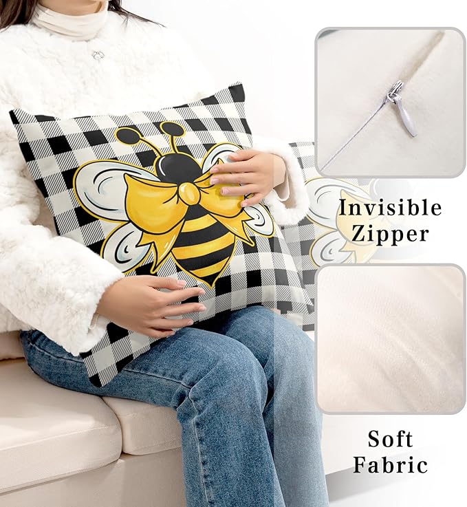 Cute Honey Bee Throw Pillows Case 24x24 Pack of 2 Buffalo Plaid Pillow Cover Spring Summer Pillows for Couch Cotton Blend Soft Touch Home Decor for Living Room Sofa