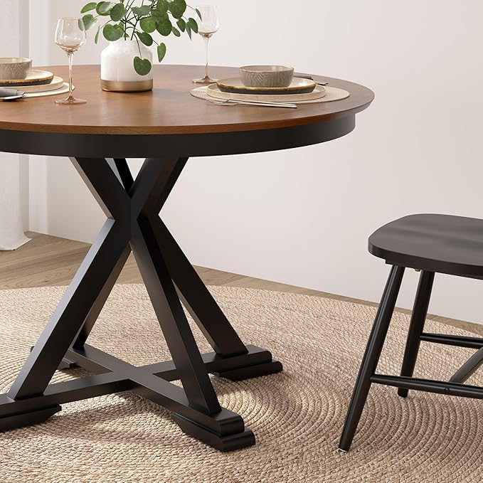 Bush Home Round Dining Table, 45 inch Trestle Design, Modern Transitional, West End Collection, Dark Brown and Black