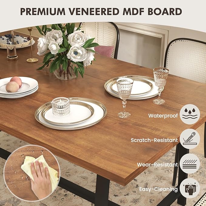 GOFLAME Dining Table for 5-7 People, 72” Large Wooden Kitchen Table with Wine Rack and Spice Rack, Rectangular Dinner Table with Metal Frame for Dining Room, Living Room, Walnut