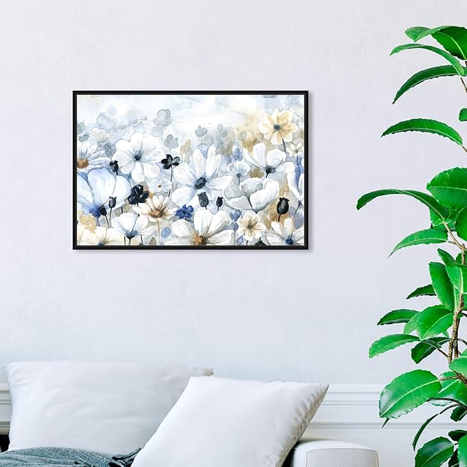 The Oliver Gal Artist Co. Floral and Botanical Wall Art Framed Canvas Prints 'Fields Flowers Home Décor, 24" x 16", Blue, White
