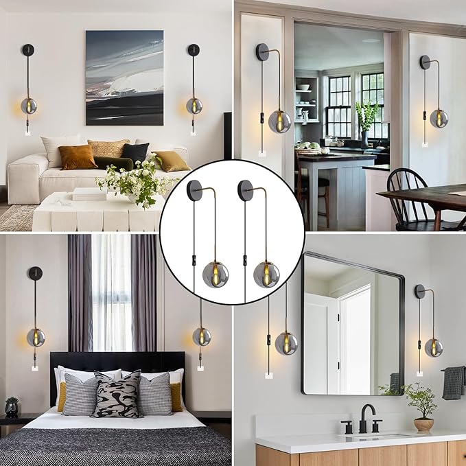 Wall Sconces Set of Two Black and Brass Gold Plug in Wall Sconces Set of 2 with Globe Smoke Grey Glass Shade Wall Lights Wall Lamps for Bedrooms Sconces Wall Decor Set of 2 with Plug in Cord