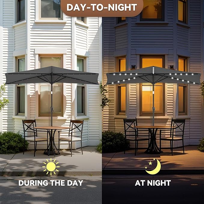 FLAME&SHADE 9 FT Solar Half Patio Umbrella with 25 LED Lights, Half Outdoor Umbrella with Button Tilt, Half Round Table Umbrella For Deck, Backyard, Balconies, Decks, Rvs, UV Protection (Anthracite)