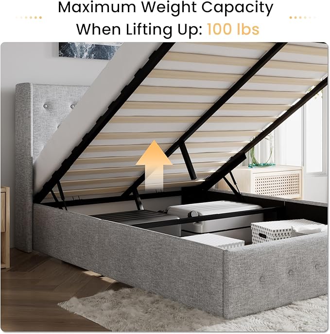 SHA CERLIN Full Size Lift Up Storage Bed Frame,Button Tufted Wingback Headboard,Upholstered Platform,Hydraulic Storage,Wooden Slat Support,No Box Spring,Light Grey