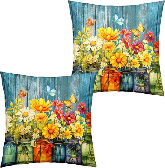 Daisy Vase Pillow Covers 16x16 Set of 2 Rustic Floral Wood Board Decorative Throw Pillow Cases Spring Summer Vintage Flowers Bloom Outdoor Pillowcase for Farmhouse Couch Sofa Decor