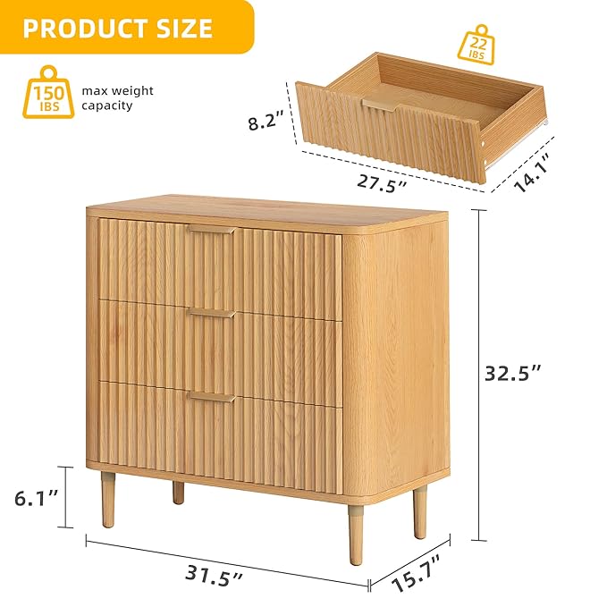 DWVO Fluted 3 Drawer Dresser, 32.5 Wider Modern Dressers Chest of Drawers with Solid Wood Legs, Wood Storage Dresser Organizer for Dorms, Flats, Living Rooms, Hallways,Natural Oak