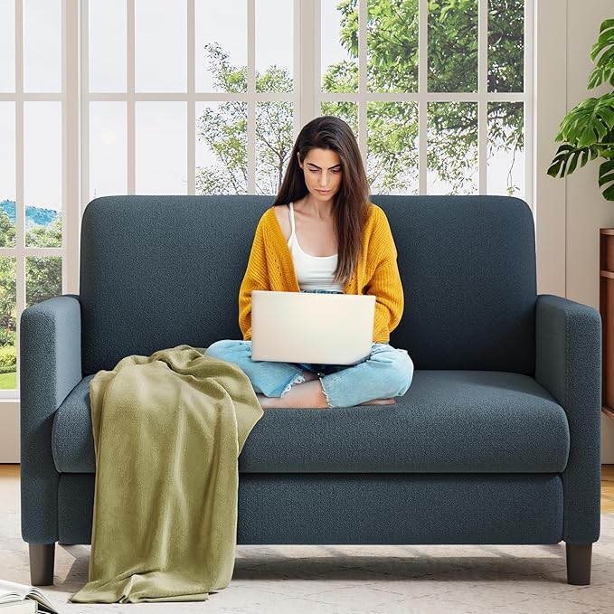 Welzona Loveseat, 51" Small Couch, Comfy Teddy Love Seat for Living Room, Tool-Free Setup Loveseat Sofa for Small Spaces, All-Wood Small Sofa Couch for Bedroom, No Pillow Included, Blue Grey