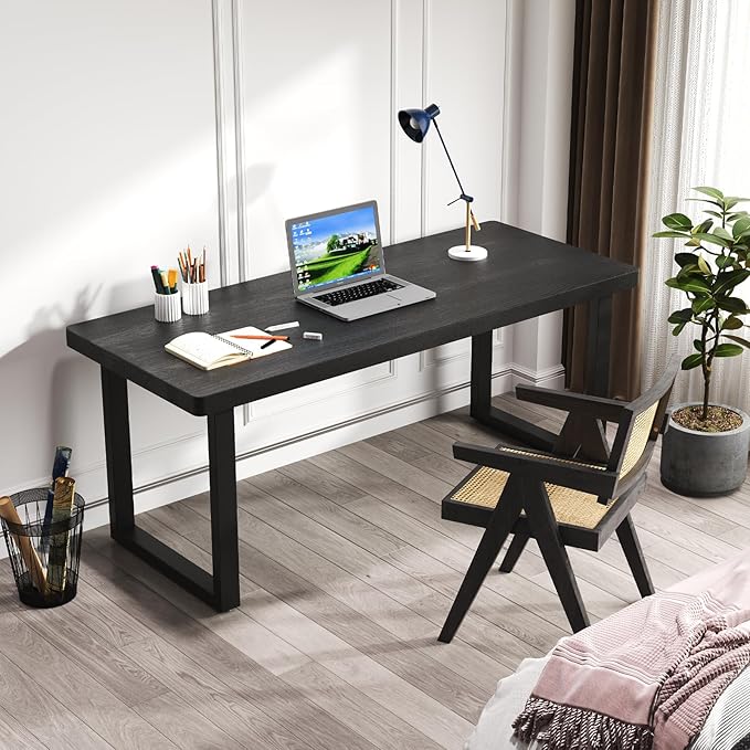 Modern Solid Wood Dining Table with Metal Base Stylish Durable Dining Room Table in Black Multiple Sizes Home Use Office Desk (Respectful Black, 47in)