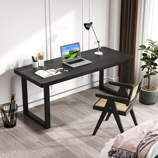 Modern Solid Wood Dining Table with Metal Base Stylish Durable Dining Room Table in Black Multiple Sizes Home Use Office Desk (Respectful Black, 47in)